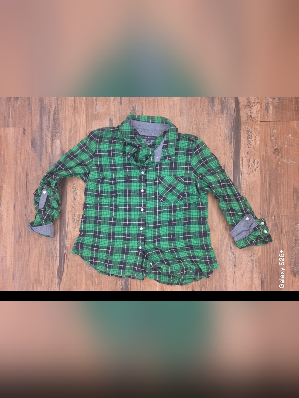 Tommy Hilfiger Green and Navy Plaid Womens Cotton Shirt